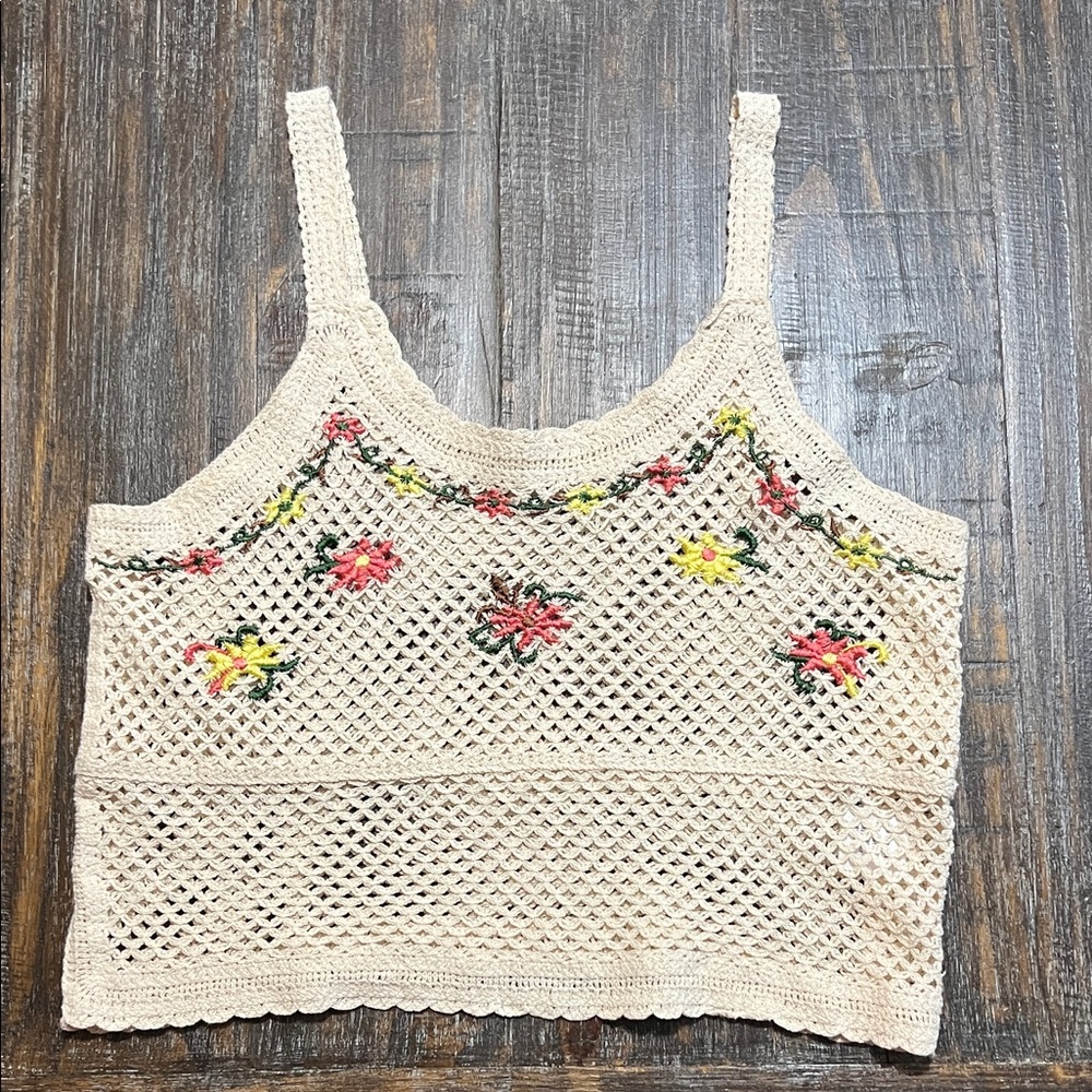 Hand-Crocheted Cream Floral Crop Top